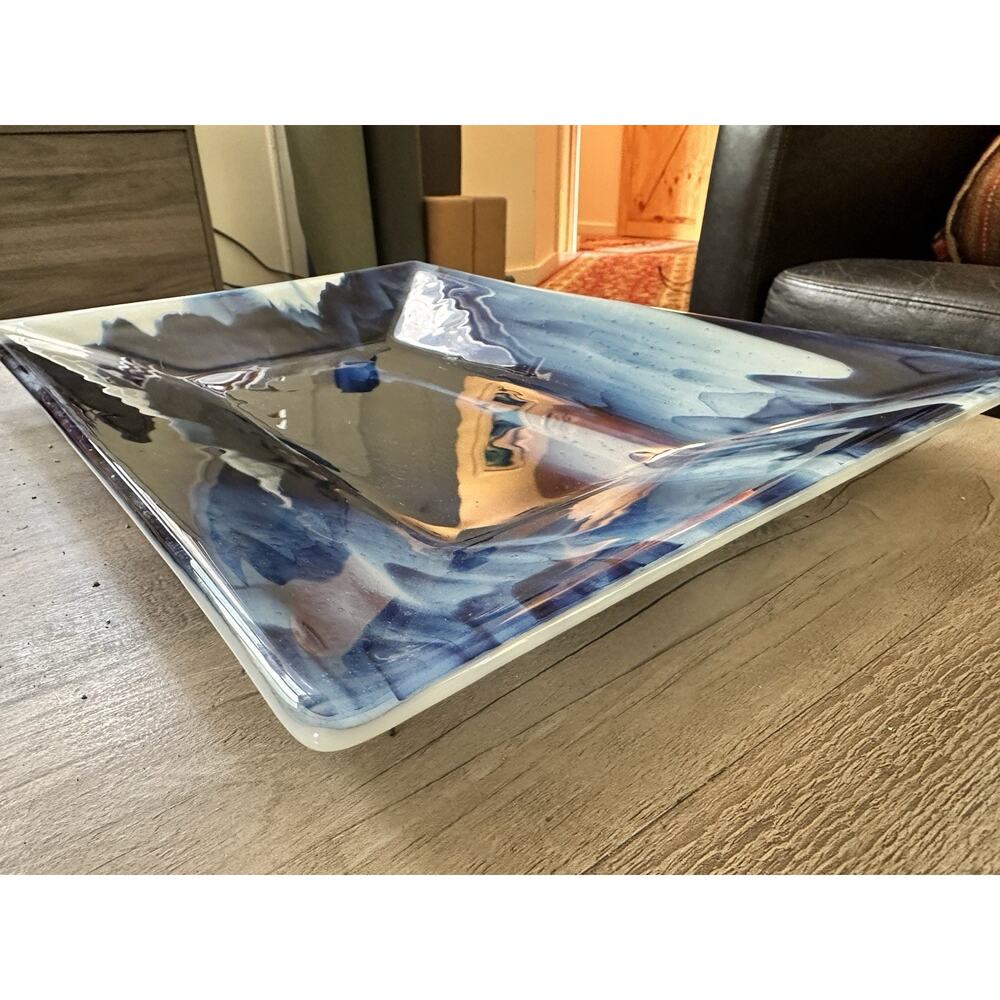 Californian Handblown Blue Glass Serving Tray Art Deco Cobalt Cali Beach Vibes